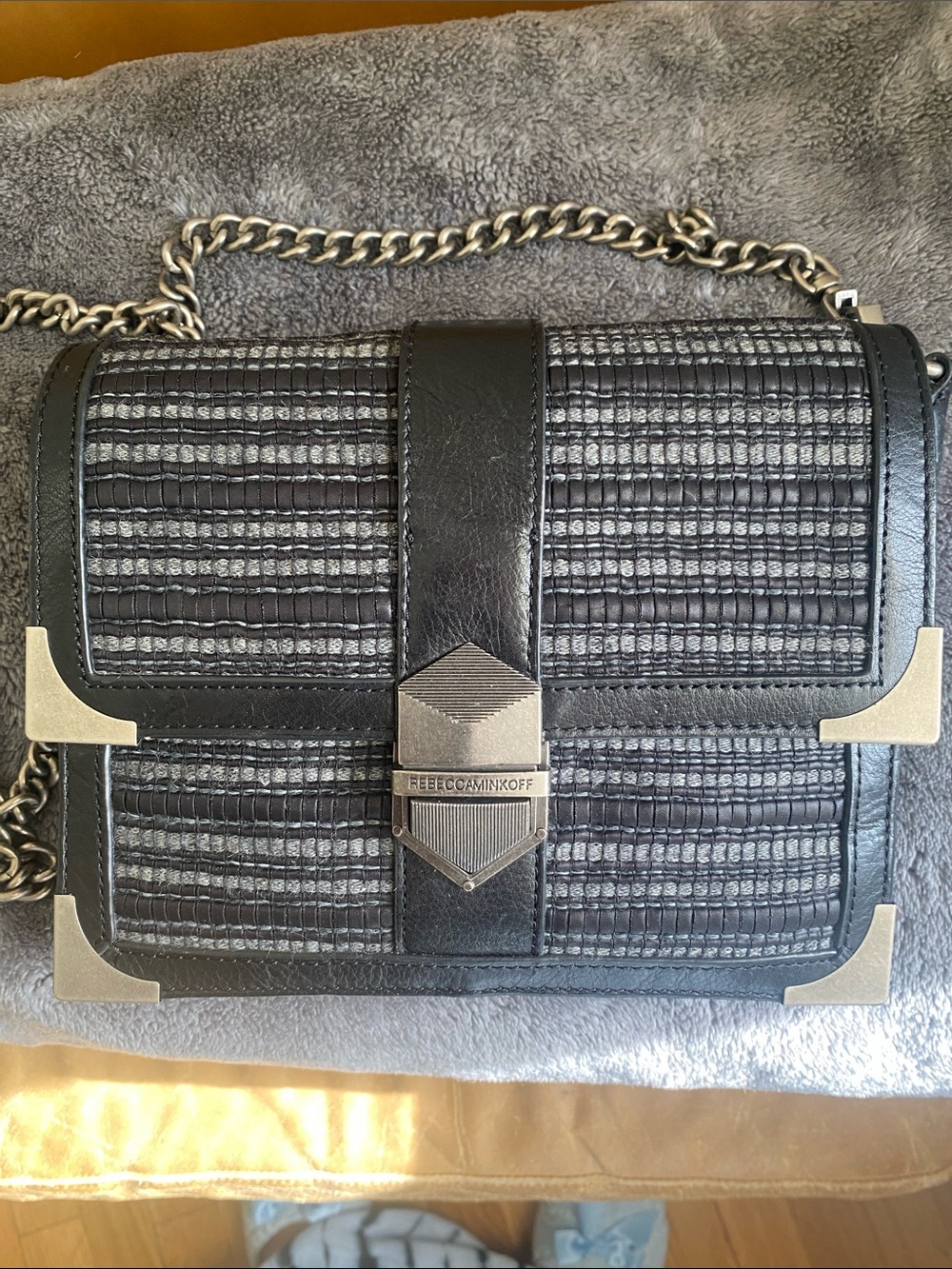 Rebecca Minkoff Black Textured Chain Shoulder Bag with Silver Hardware
